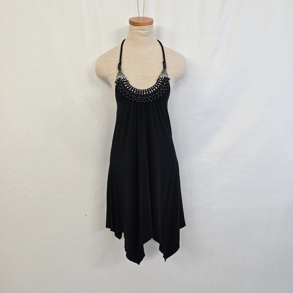 New York & Co Beaded Halter Dress Women's S Black Mini High Low
